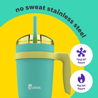 Vacuum-insulated Bubba stainless steel tumbler keeping drinks cold or hot.