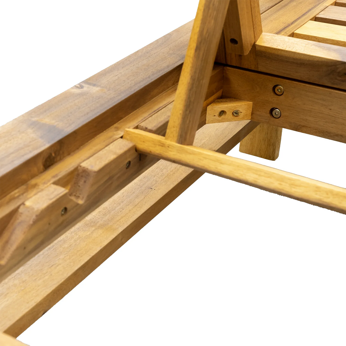Detailed view of lounge chair’s natural wood frame and cushioned seating area.