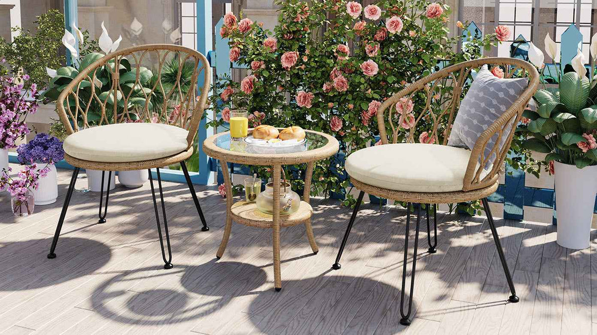 Outdoor Leisure Set, 2 Rattan Single Chairs with A Glass Round Table,