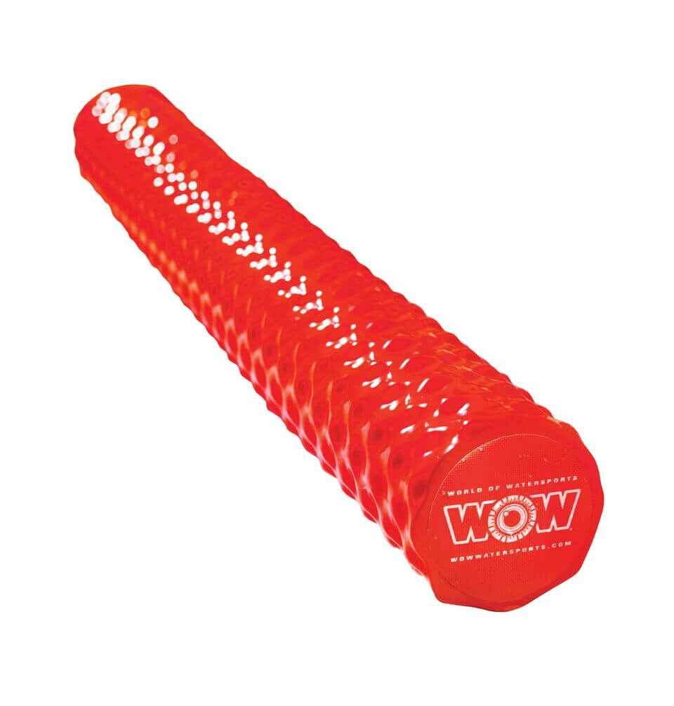 Red foam pool noodle with triple-dip vinyl coating visible, emphasizing durability