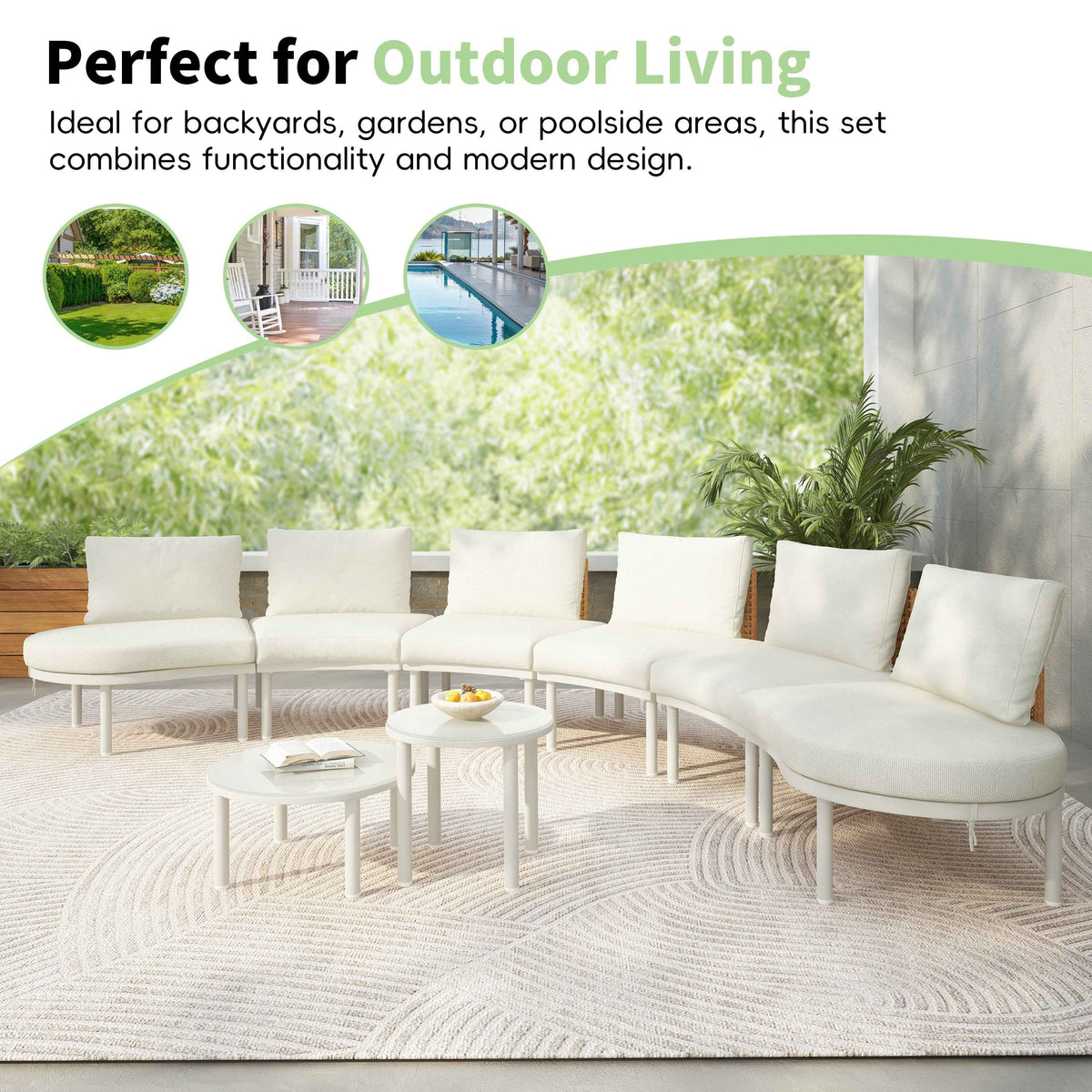 8-piece beige half moon outdoor sectional sofa with deep seating on patio