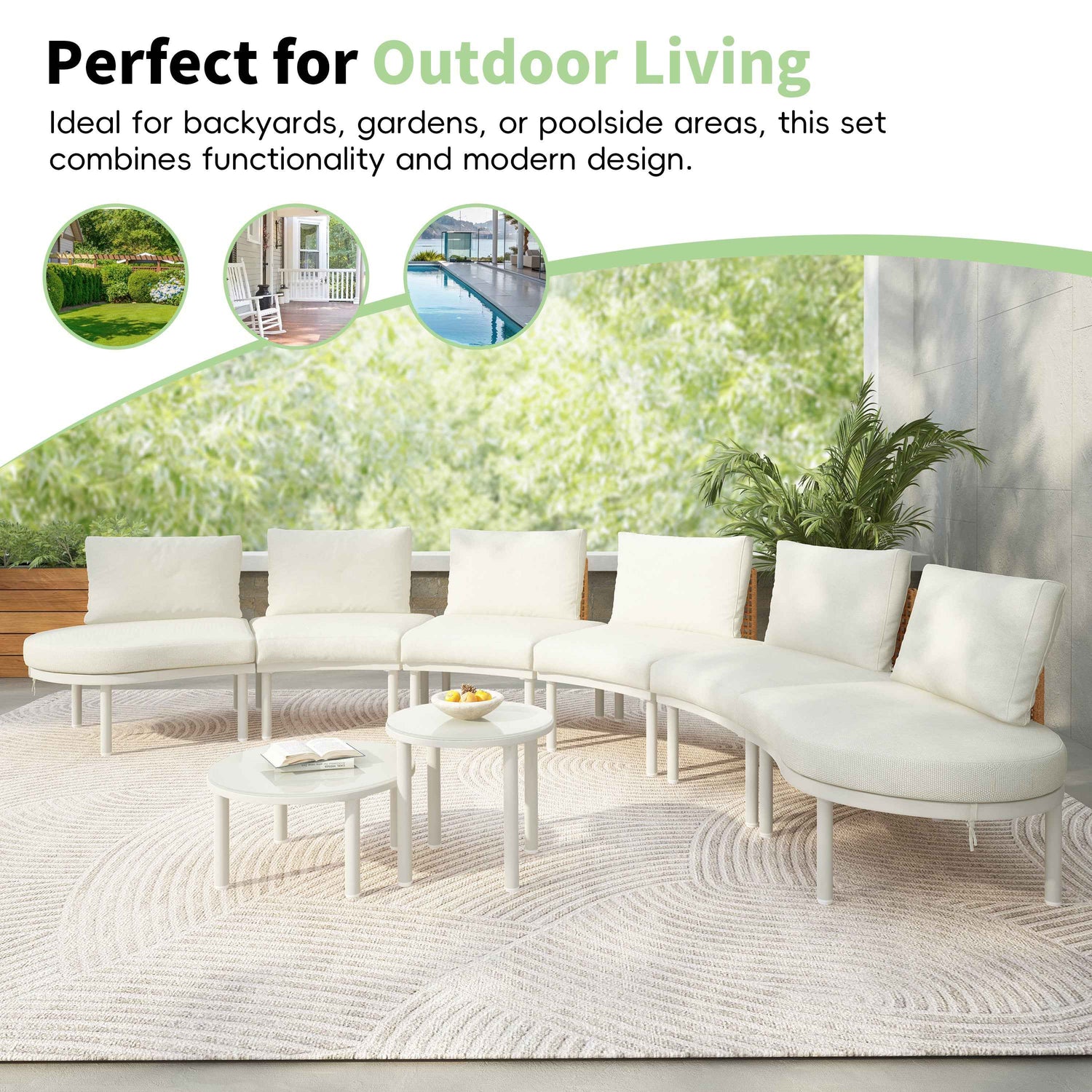 8-piece beige half moon outdoor sectional sofa with deep seating on patio