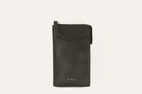 Overhead view of pink leather crossbody phone wallet with zipper partially open.