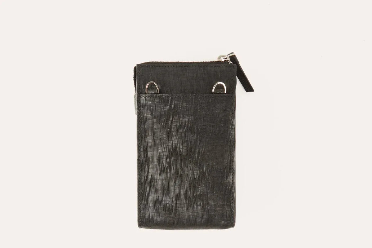 Close-up of two external sleeve pockets on the pink saffiano leather phone wallet.