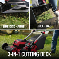 Red cordless lawn mower folded for compact storage against white background.