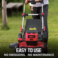 Cordless lawn mower with handle and controls close-up, emphasizing user-friendly features.