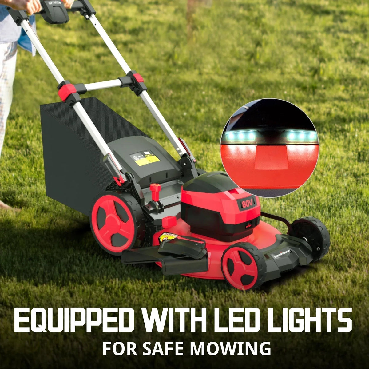 Rear view of red cordless self-propelled lawn mower showcasing adjustable rear bag.