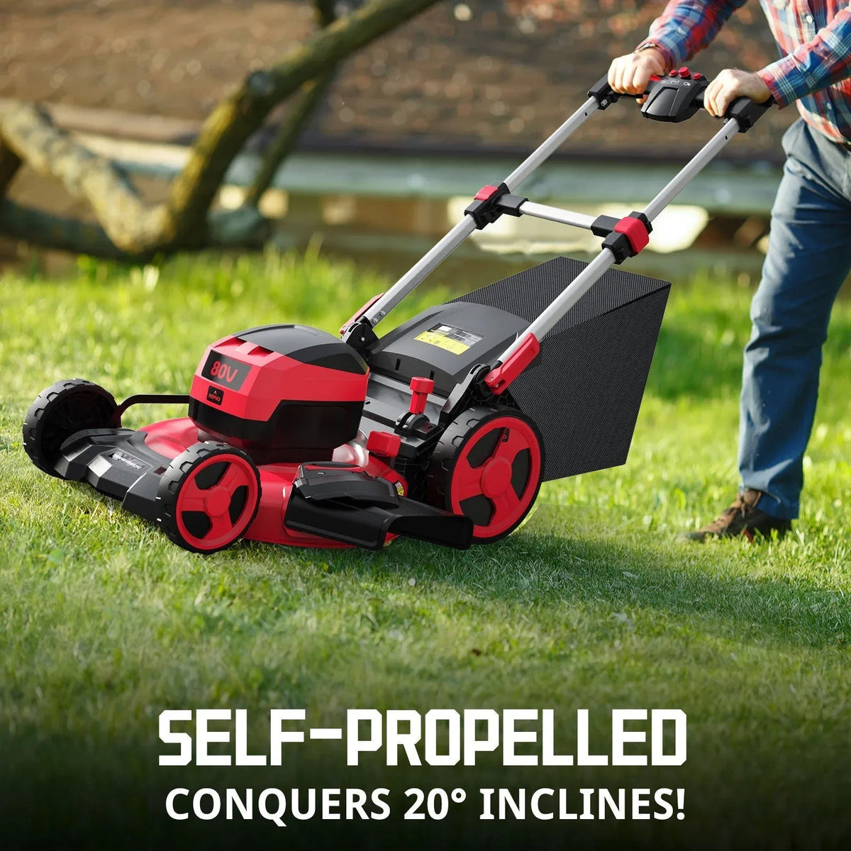 Close-up angle of red cordless lawn mower highlighting brushless motor area and handle design.