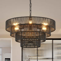 Rustic 4-Tier Black Hemp Rope Chandelier with 6 E12 Sockets, UL Listed
