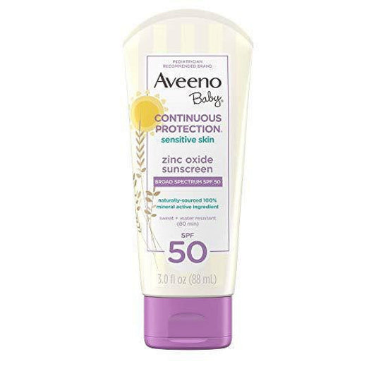 Aveeno Baby Continuous Protection Zinc Oxide Mineral Sunscreen Lotion For Sensitive Skin, Broad Spectrum SPF 50, Tear-Free, Sweat- & Water-Resistant, Paraben-Free, Travel-Size, 3 Fl. Oz