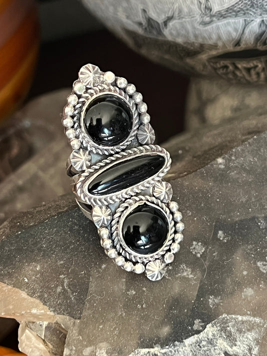 Handcrafted Sterling Silver and Black Onyx Ring by Rosella Paxson, Size 7-1/4