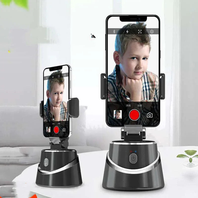 Diagram showcasing 360° object tracking and face recognition capabilities of phone holder.