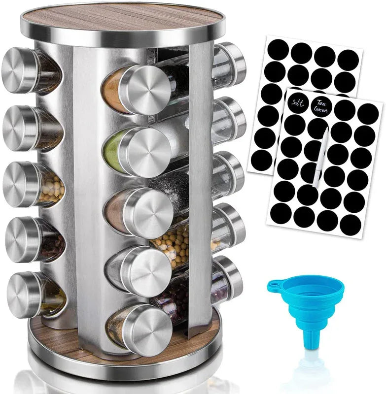 360-degree rotating stainless steel spice rack with empty jars on a kitchen countertop.