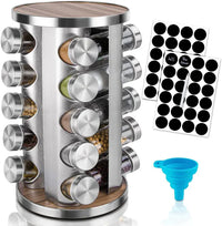 360-degree rotating stainless steel spice rack with empty jars on a kitchen countertop.