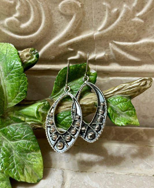 Vintage Style Beaded Sterling Silver Marquise Earrings