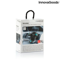 Car phone holder with wireless charger shown holding phone in driving position, angled grip arms visible.