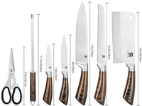Top view of kitchen knife block set showing blade types and wood coated handles.
