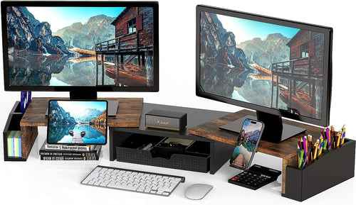Desk Dual Monitor Stand Riser With Drawer Rustic Brown