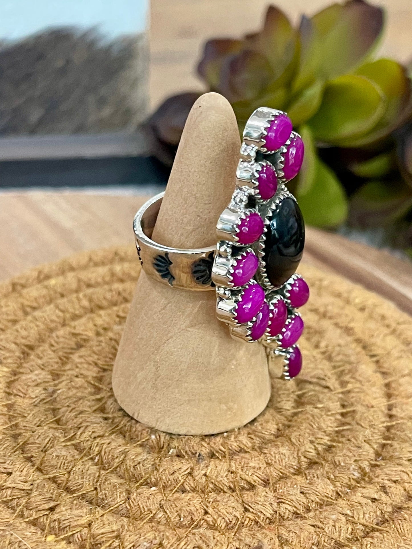 Handmade Sterling Silver, Onyx & Pink Onyx Cluster Adjustable Ring