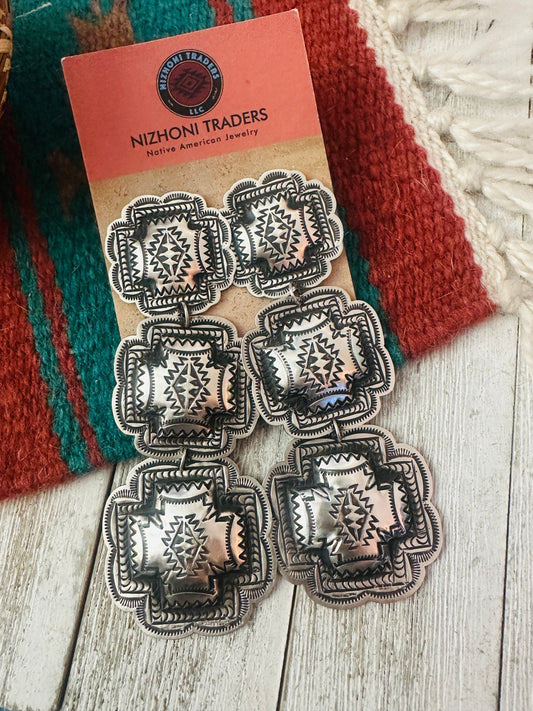 Handcrafted Sterling Silver Concho Dangle Earrings by Leander Tahe