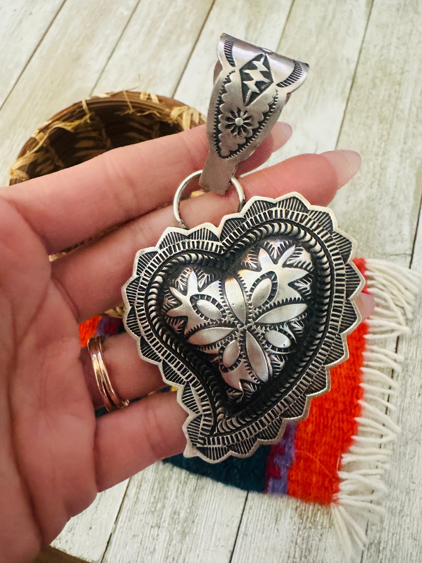 Handcrafted Sterling Silver Heart Concho Pendant by Leander Tahe
