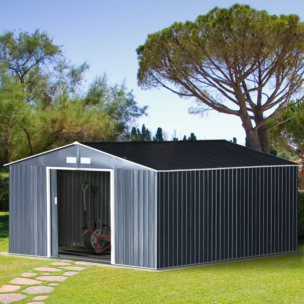 Outsunny 11.2ftx12.5ft Garden Storage Tool Shed Double Sliding Door 4 - Trustymall