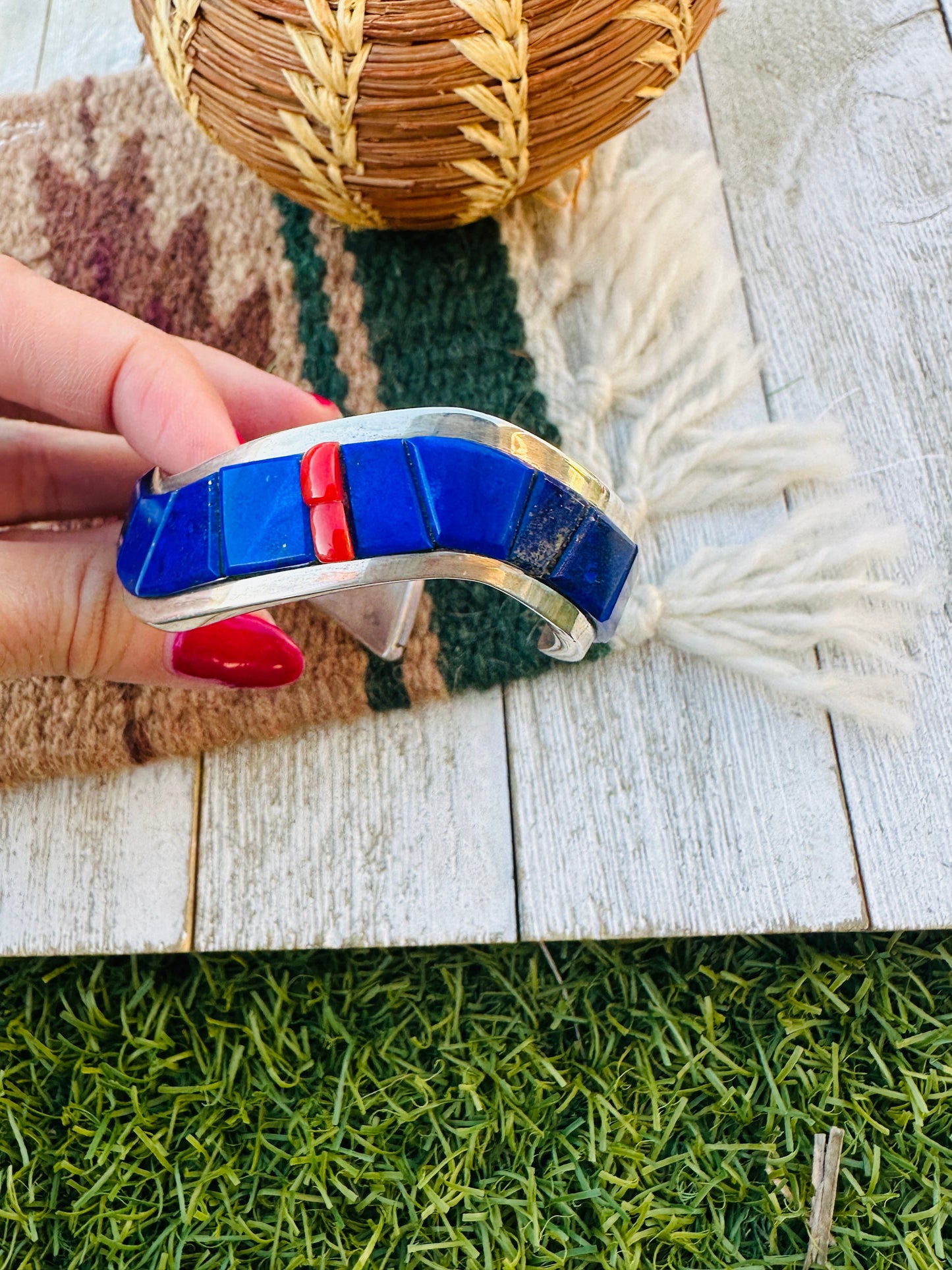 Handcrafted Old Pawn Sterling Silver, Lapis & Coral Inlay Cuff Bracelet by The Dukepoos