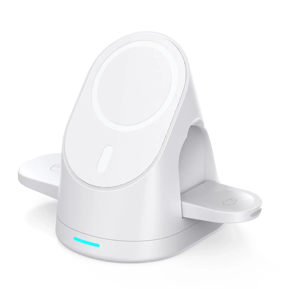 Folded white wireless charger with USB-C cable plugged in for power.