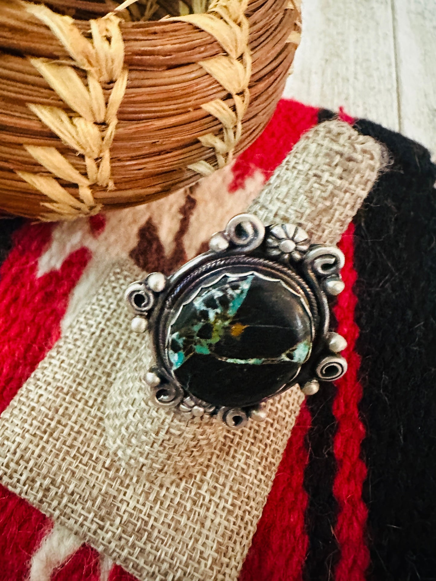 Handcrafted Blackjack Turquoise & Sterling Silver Ring Size 7.5 by Jamison Hoskie