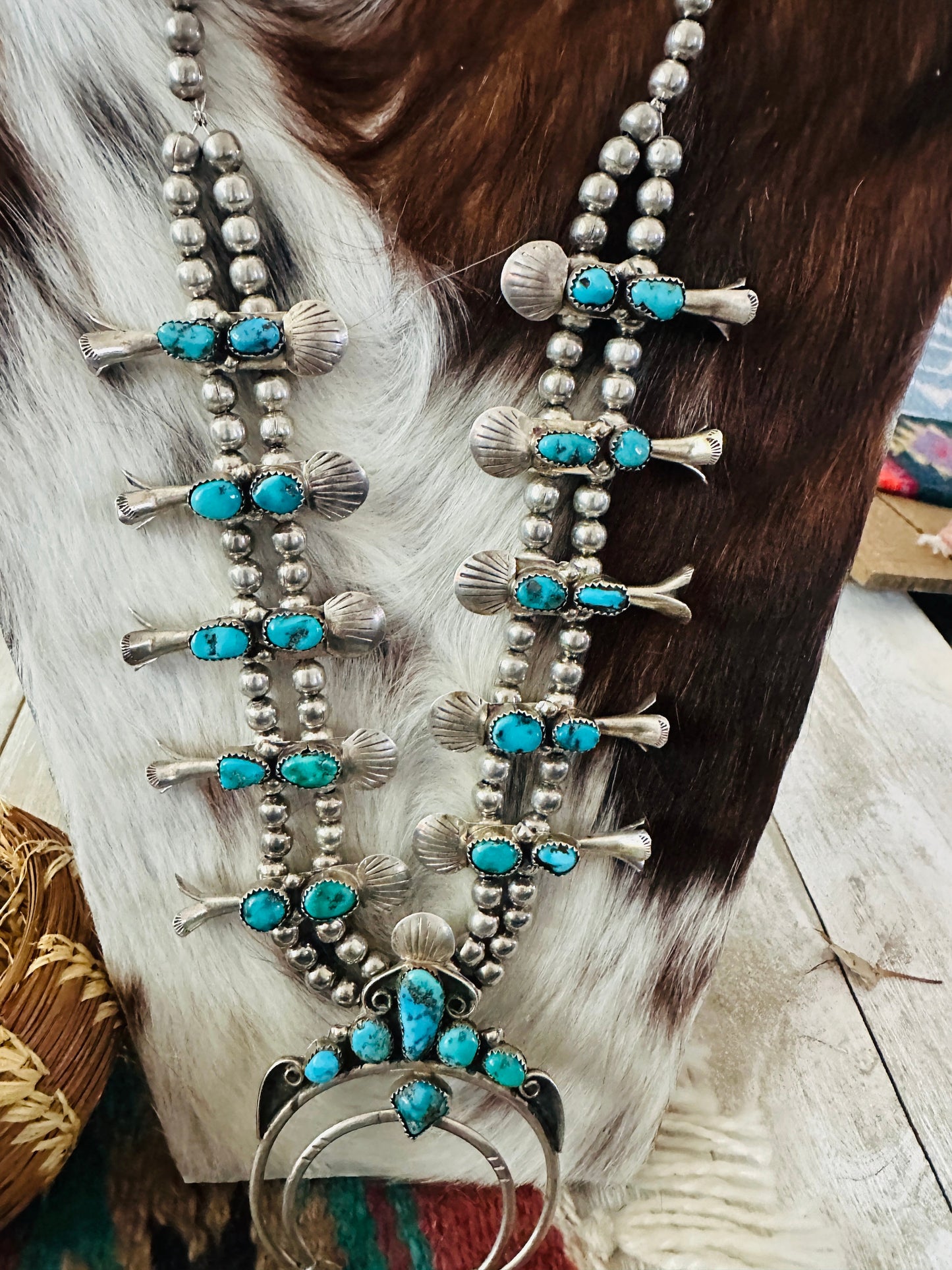 Old Pawn Handcrafted Turquoise & Sterling Silver Squash Blossom Necklace