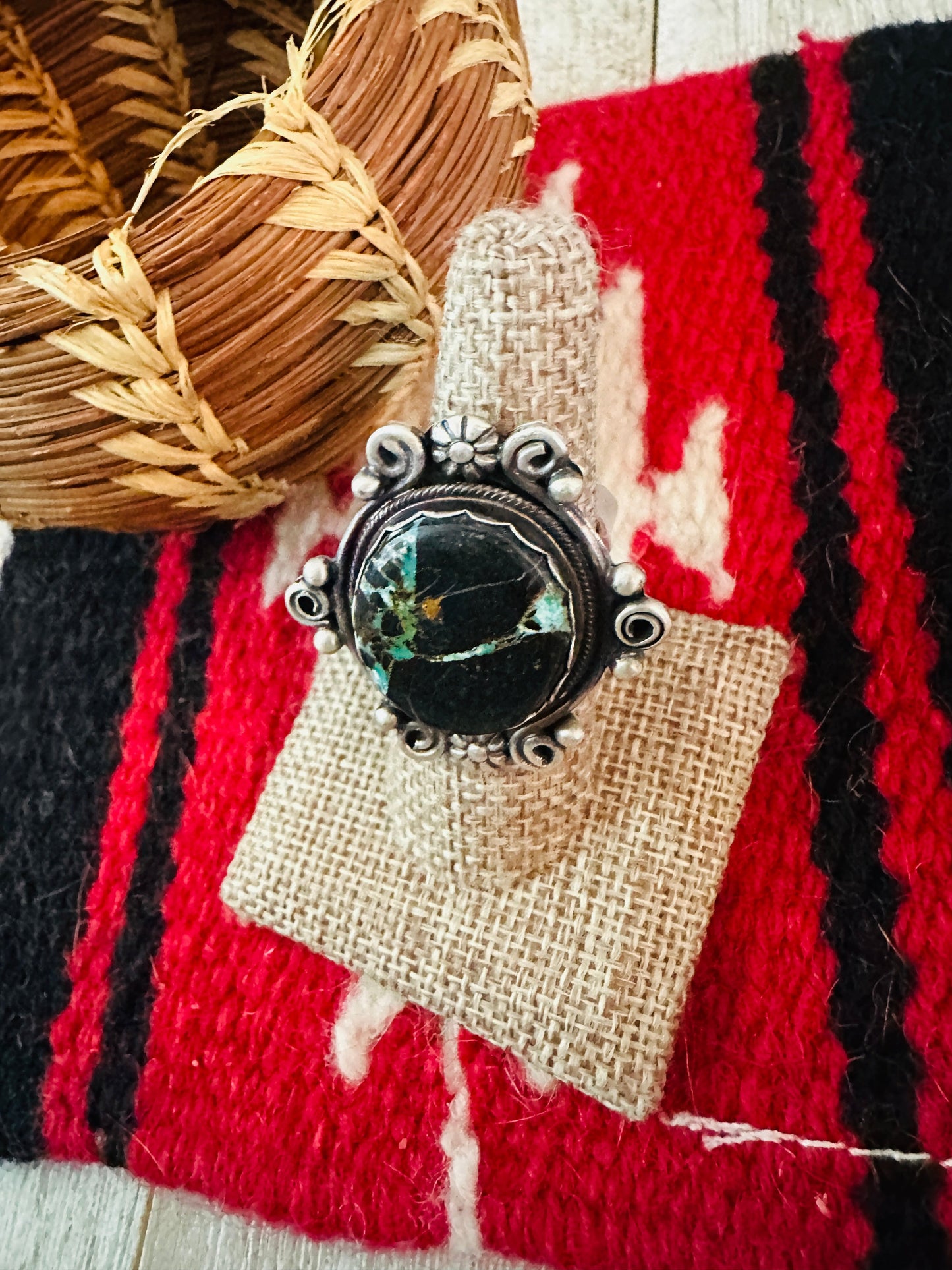 Handcrafted Blackjack Turquoise & Sterling Silver Ring Size 7.5 by Jamison Hoskie