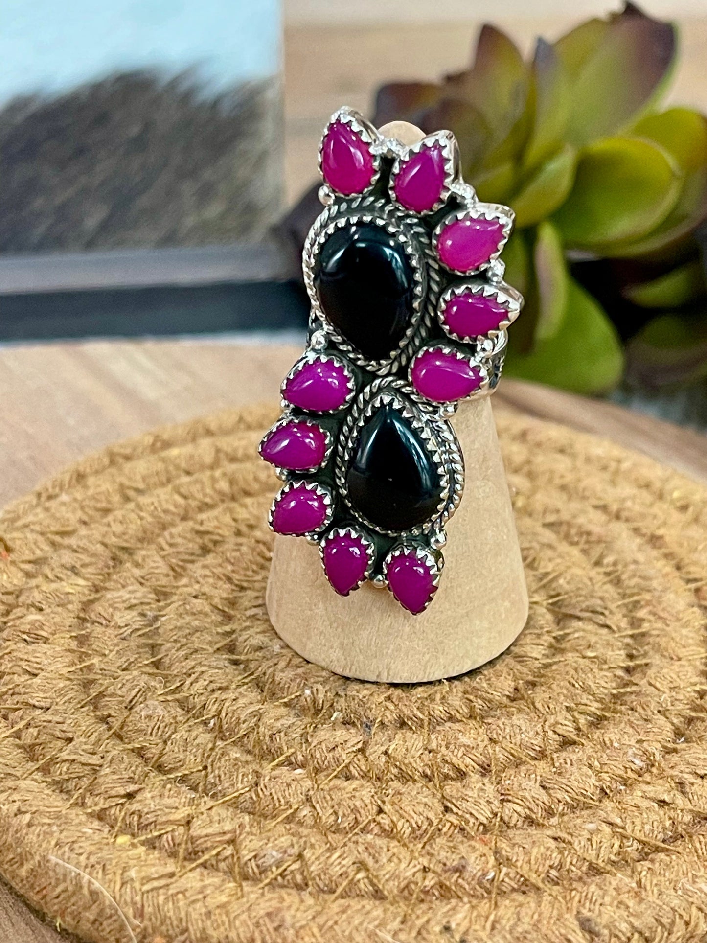 Handmade Sterling Silver, Onyx & Pink Onyx Cluster Adjustable Ring