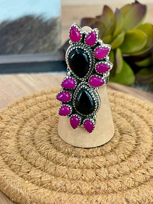 Handmade Sterling Silver, Onyx & Pink Onyx Cluster Adjustable Ring