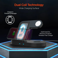 Charging dock displaying iPhone and wireless earbuds charging simultaneously on sleek black surface.