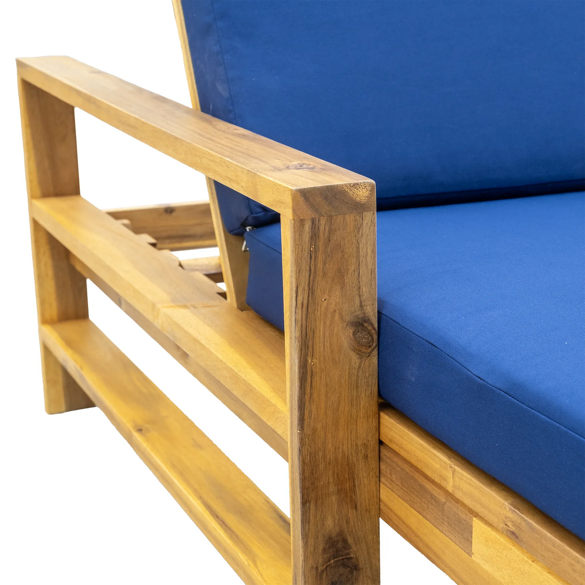 Front angle of adjustable backrest lounge chair made from acacia wood with blue cushion.