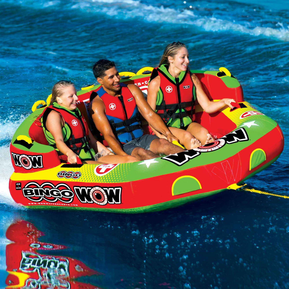 Brightly colored WOW Watersports Bingo towable water tube designed for 1-3 riders with secure seating.