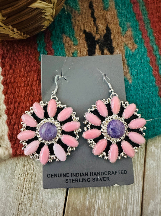 Handcrafted Queen Pink Conch, Charoite & Sterling Silver Cluster Dangle Earrings