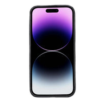 Back of iPhone 12 with leather case showing camera cutout and smooth finish