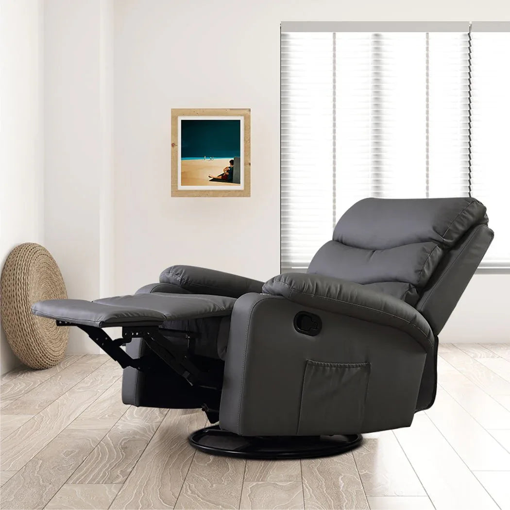 Brown leather recliner chair shown in indoor living room setting with soft lighting