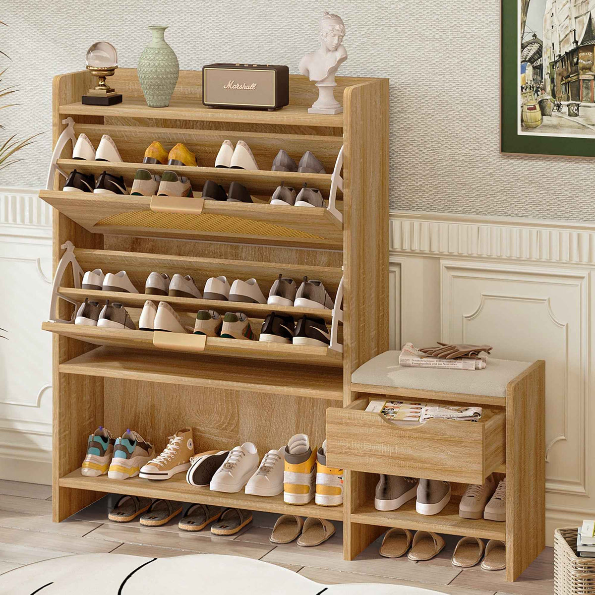 47.2' Shoe Storage Cabinet Rattan Shoe Storage Organizer With 2 Flip