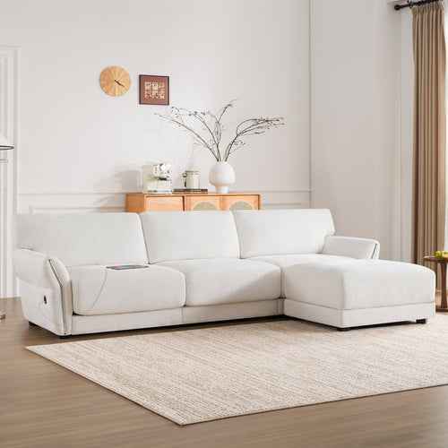 Large white L-shaped sectional sofa with wide cushions and built-in USB charging port, seats four people.