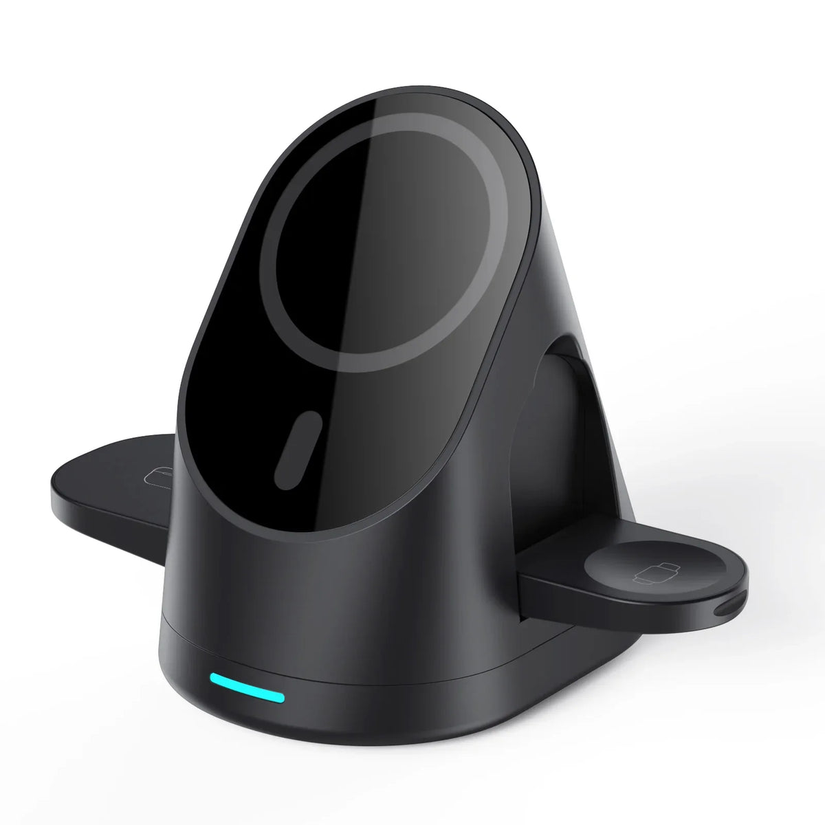 White wireless charger with charging indicator light turned on in folded position.