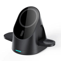 White wireless charger with charging indicator light turned on in folded position.