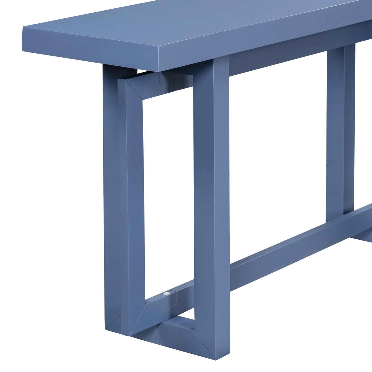 Full view of extra long navy blue console table with minimalistic style in modern setting.