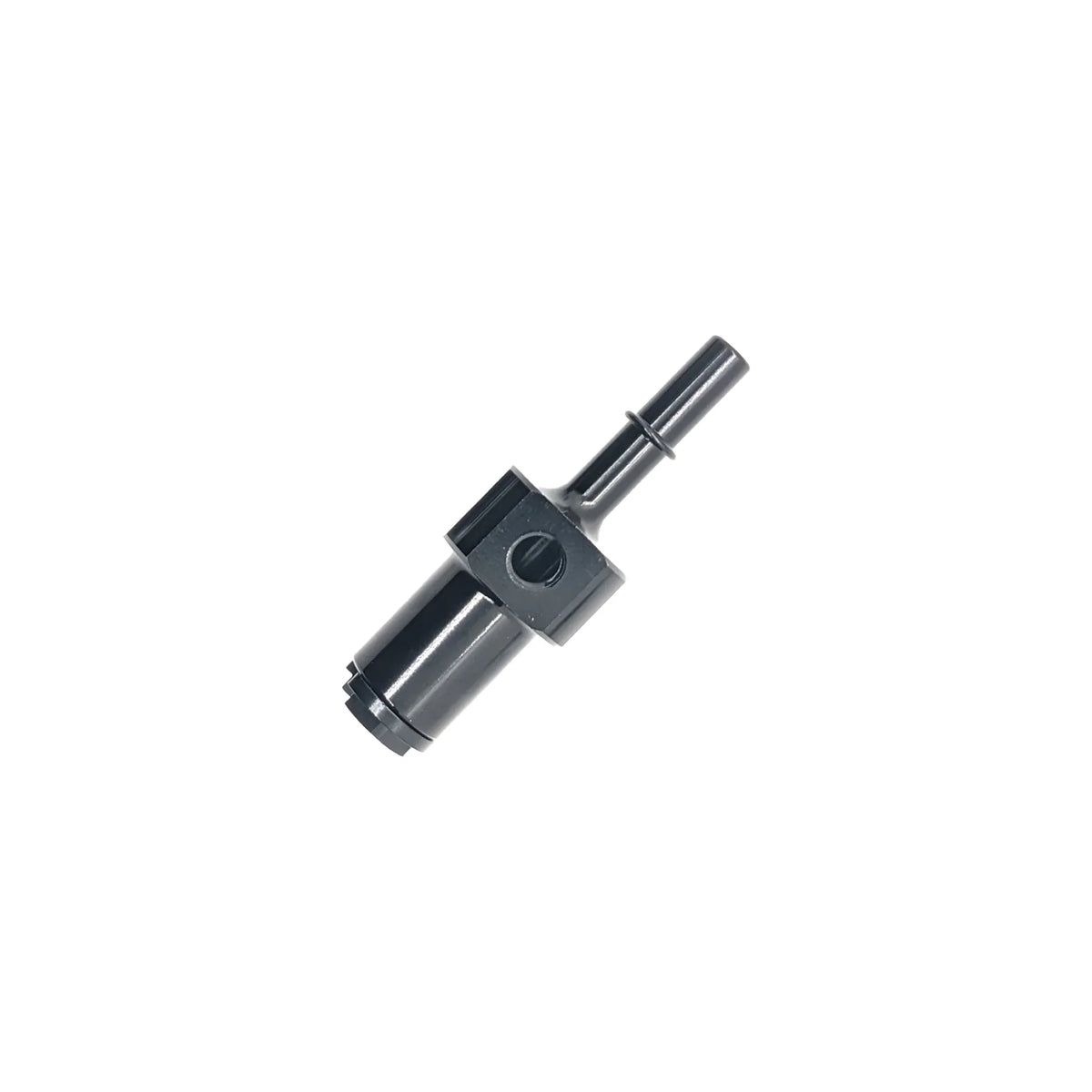 Quick Disconnect Adapter showing detailed connection ports and durable black anodized aluminum finish on white background.