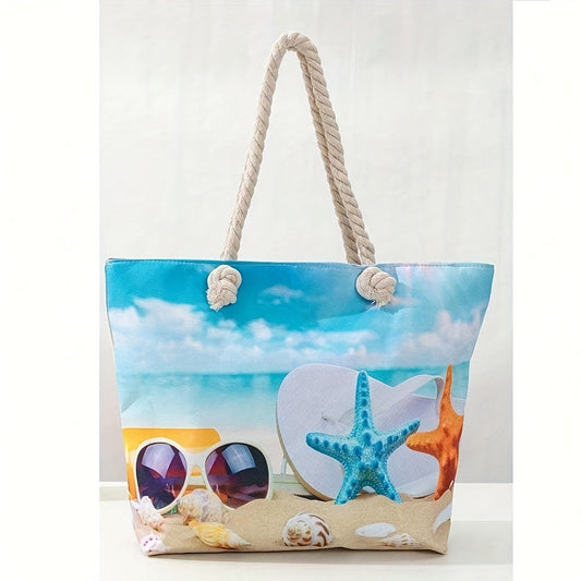 Durable Zipped Stylish Essential Vibrant Coastal Print Beach Tote Bag