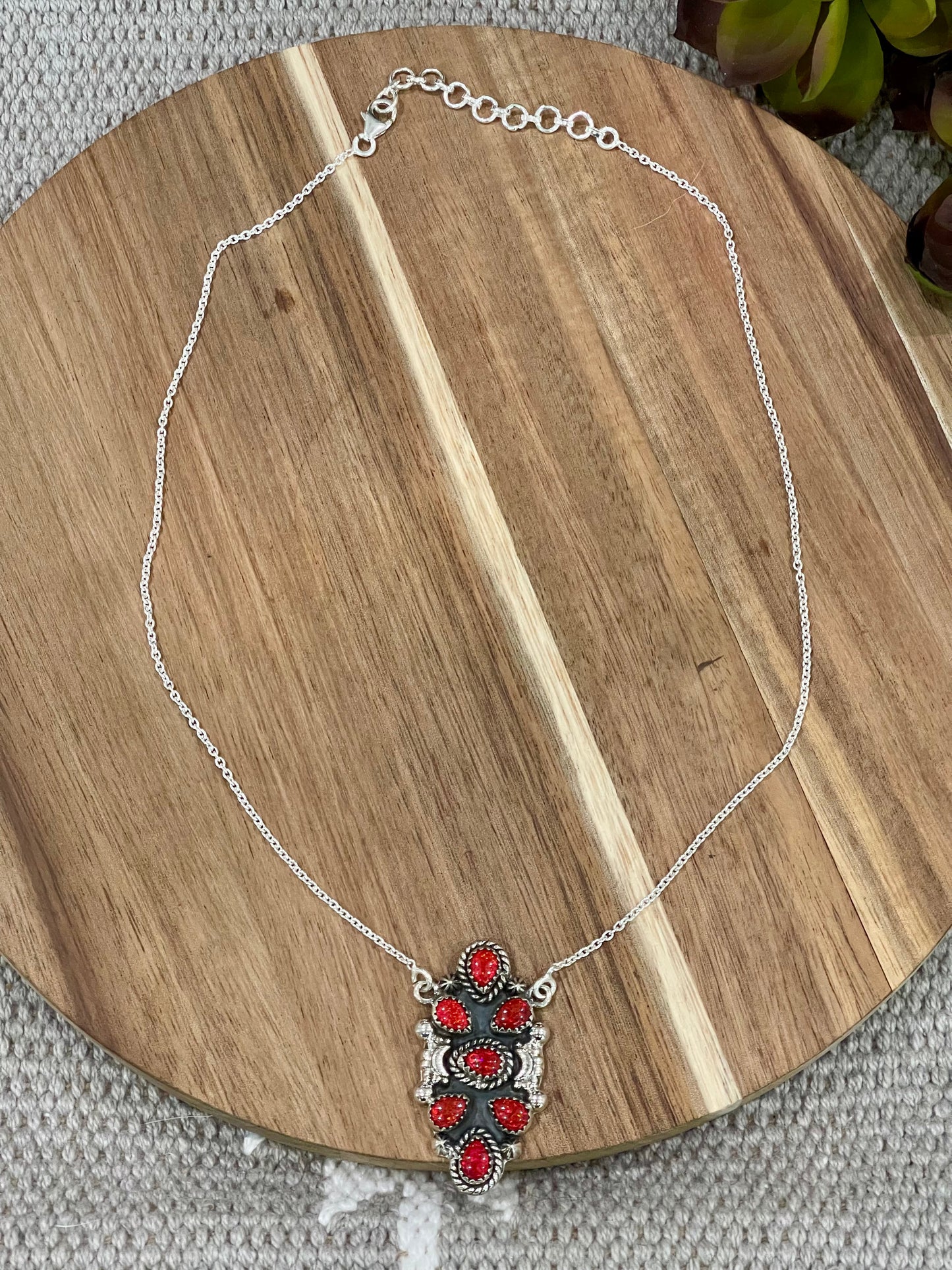 Handmade Sterling Silver & Red Fire Opal Cluster Necklace