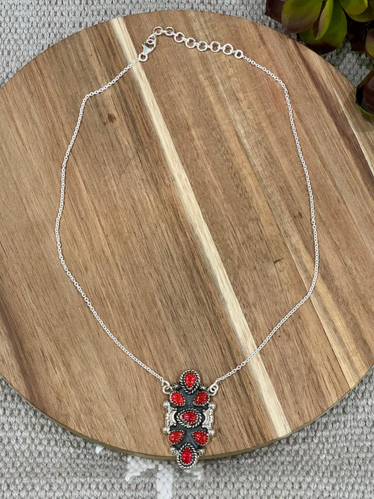 Handmade Sterling Silver & Red Fire Opal Cluster Necklace