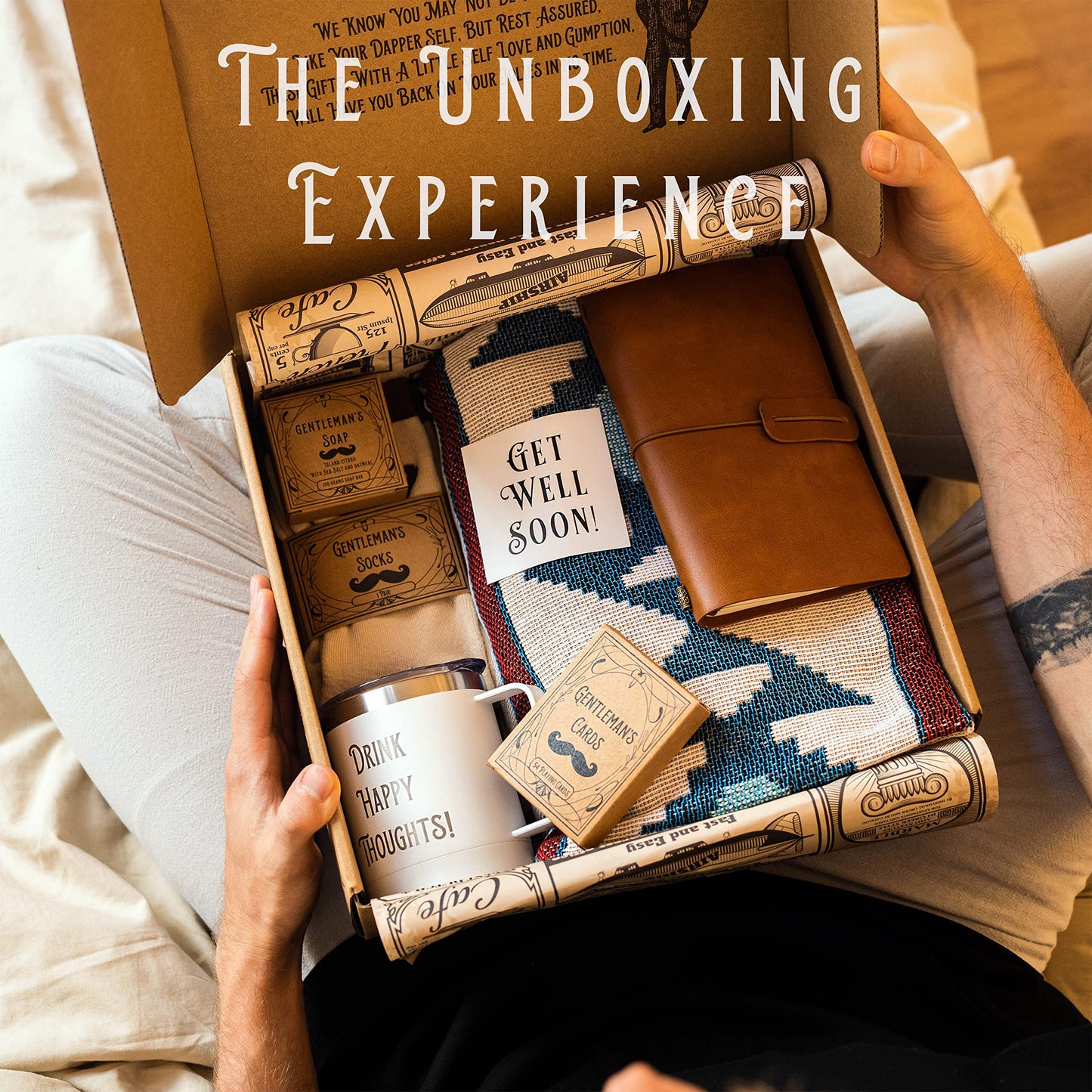 Get Well Soon Gift Basket Men | Care Package For Men | Includes Soft Blanket, Insulated Mug, Journal, Pen, Soap, and Cozy Socks | Packaged In a Vintage Gift Box