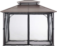 10x12 Brown Hardtop Gazebo With Steel Frame And Netting For Outdoor